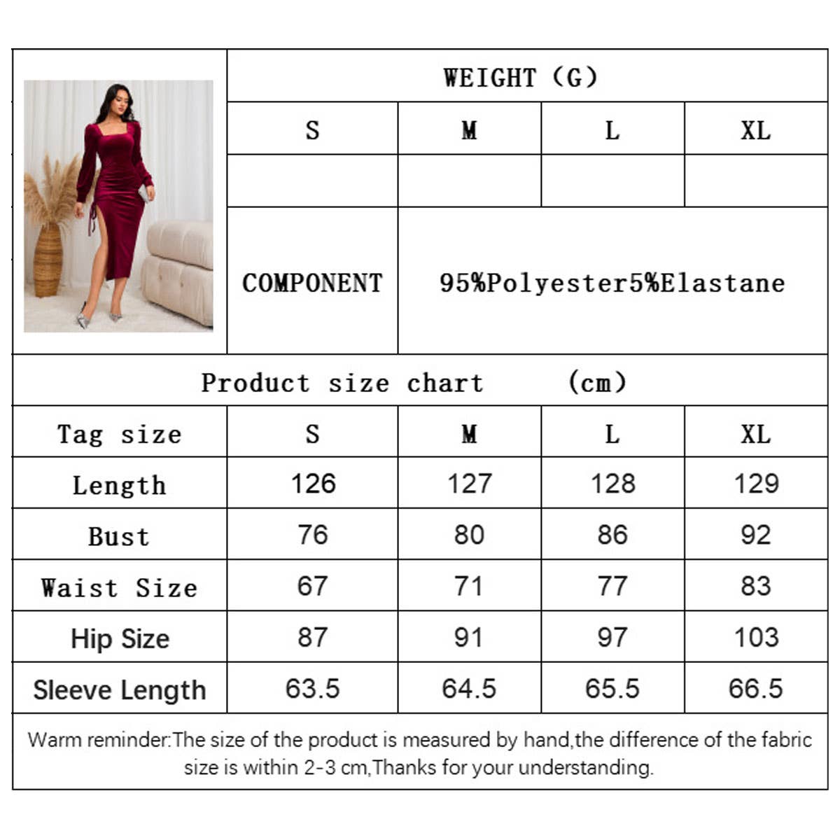 SQUARE NECK SEXY HIGH SLIT VELVET DRESS