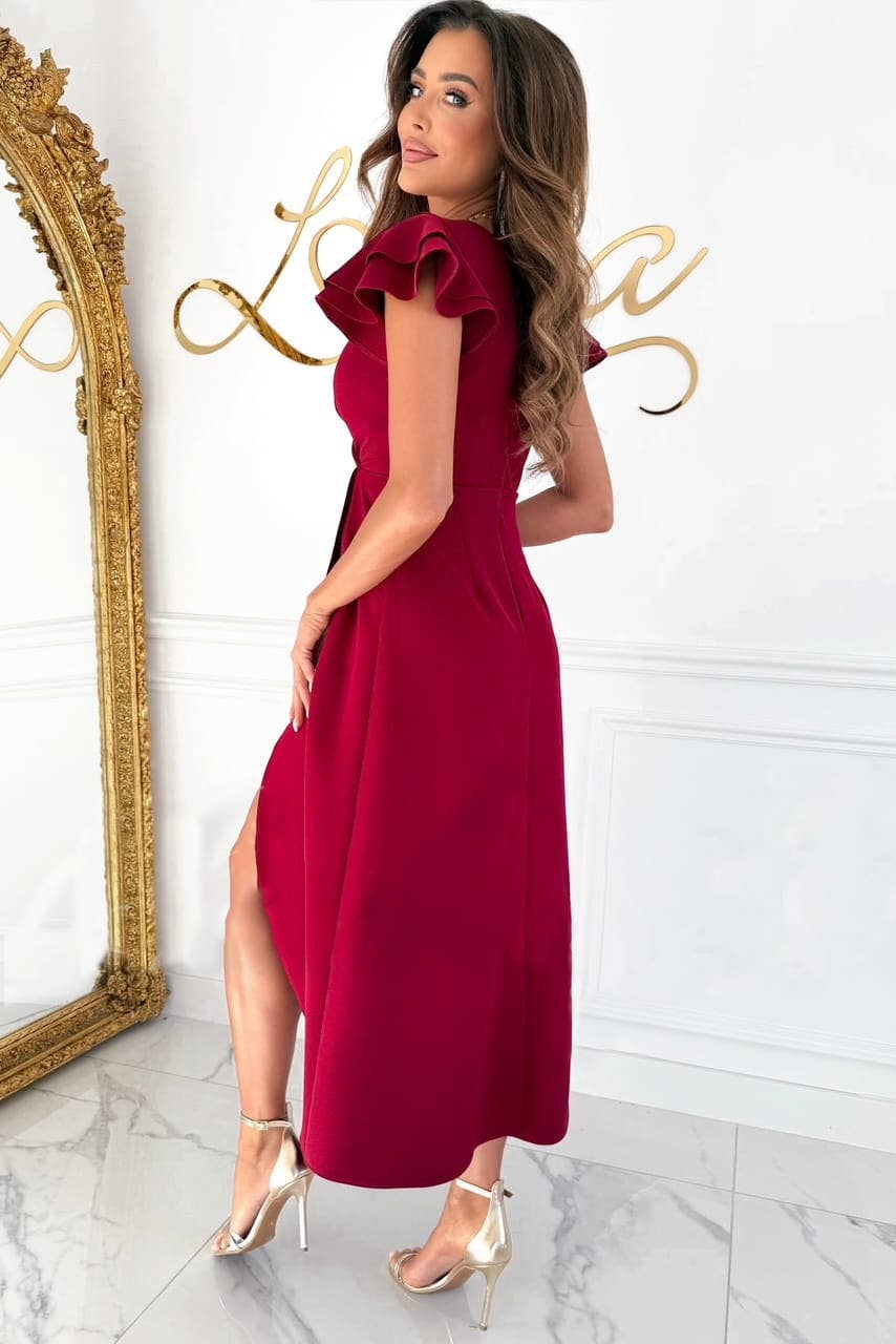 V-neck cinched waist and lotus leaf sleeve dress