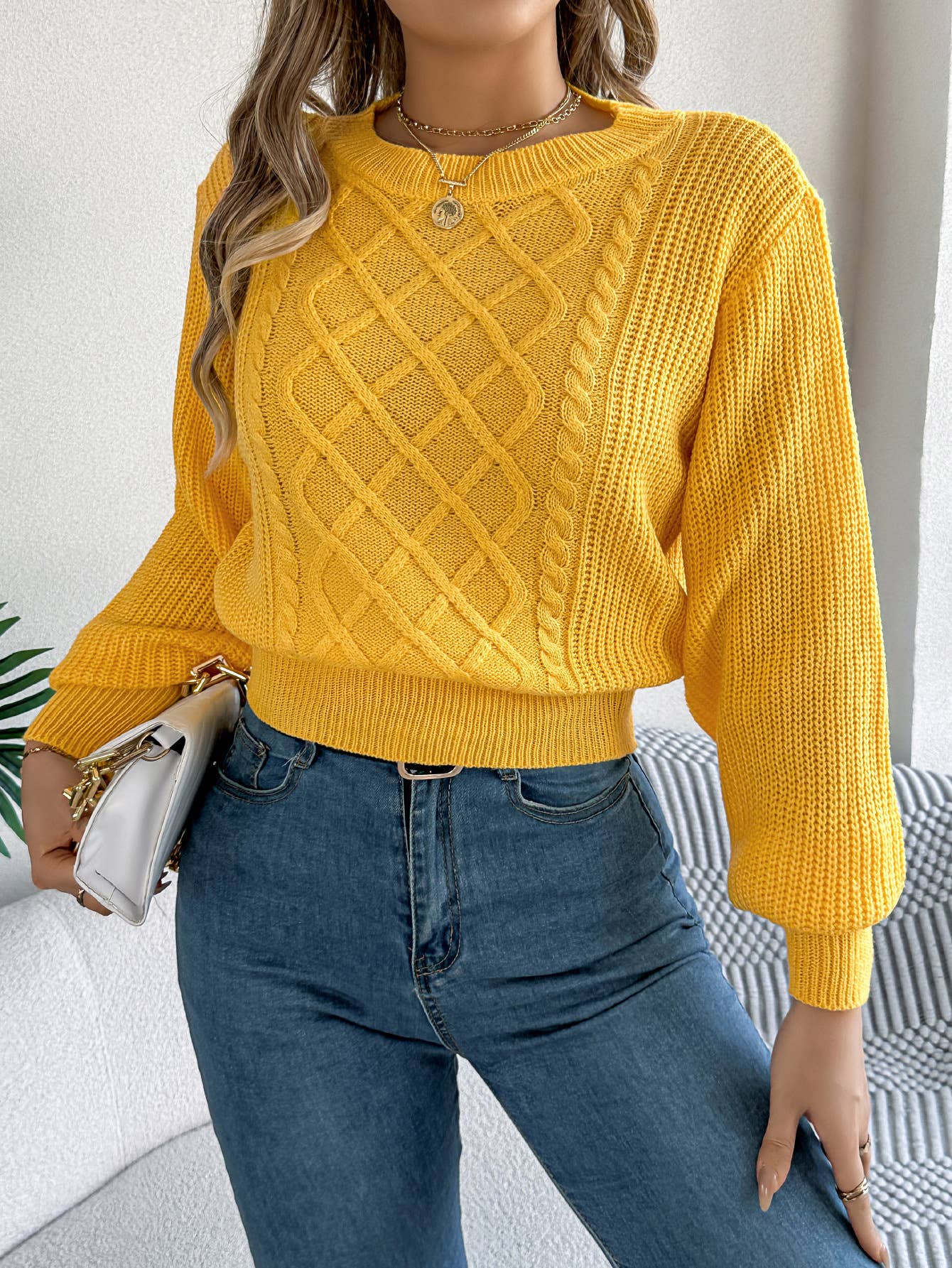 Lantern long-sleeved cinched-waist sweater