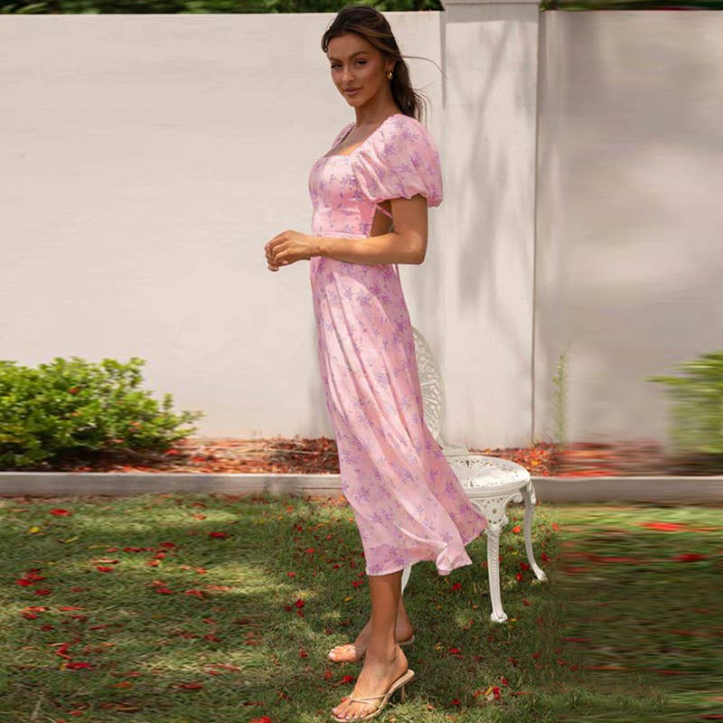 PRINTED LINE NECK DRESS WITH PUFFY SLEEVES