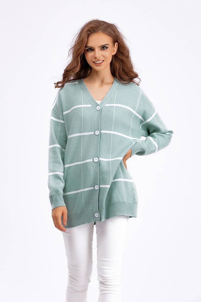 CWOCAL00671_STRIPED PLAID LOOSE KNIT CARDIGAN SWEATER