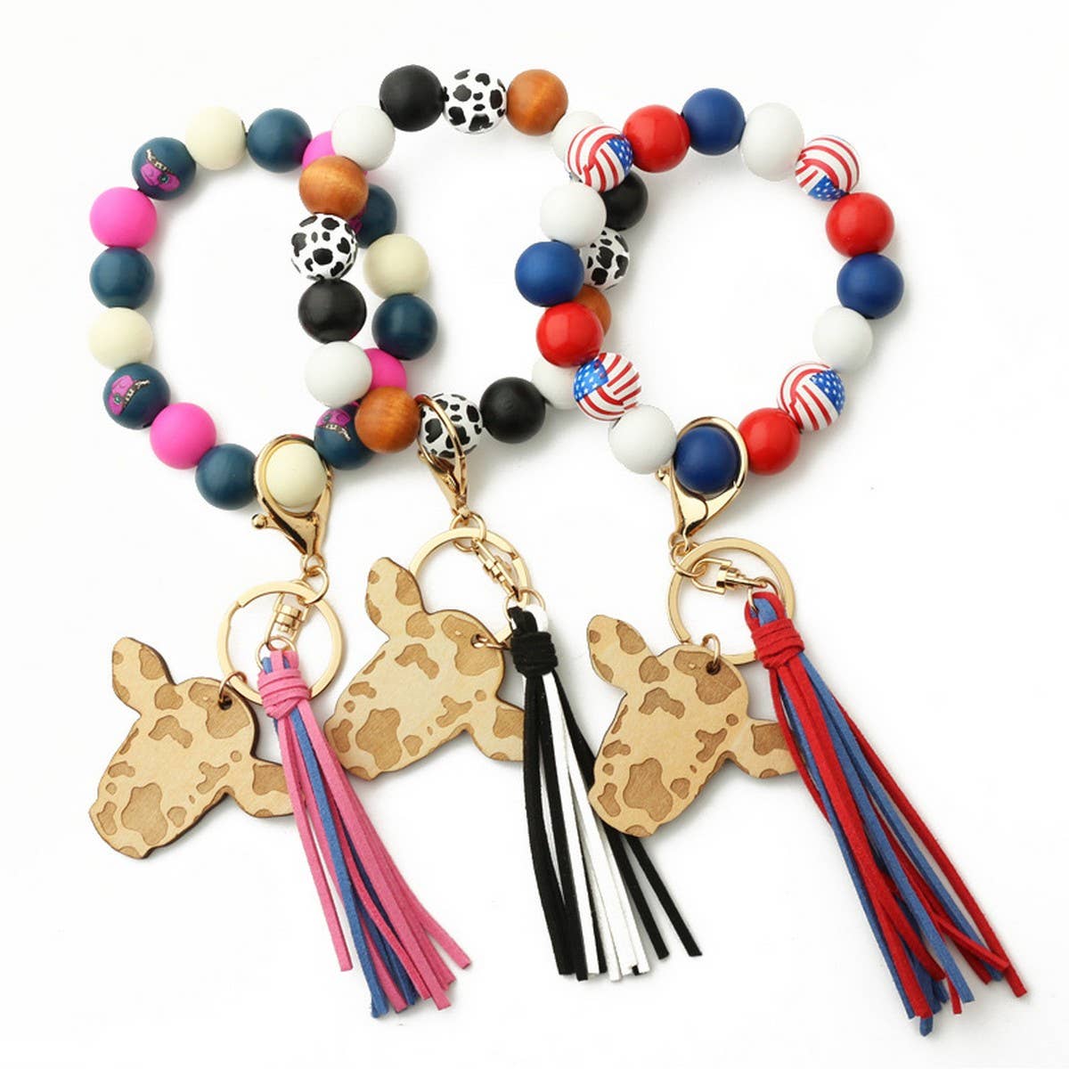 Cow Head Keychain with Tassel and Wood Beads_CWAB5093