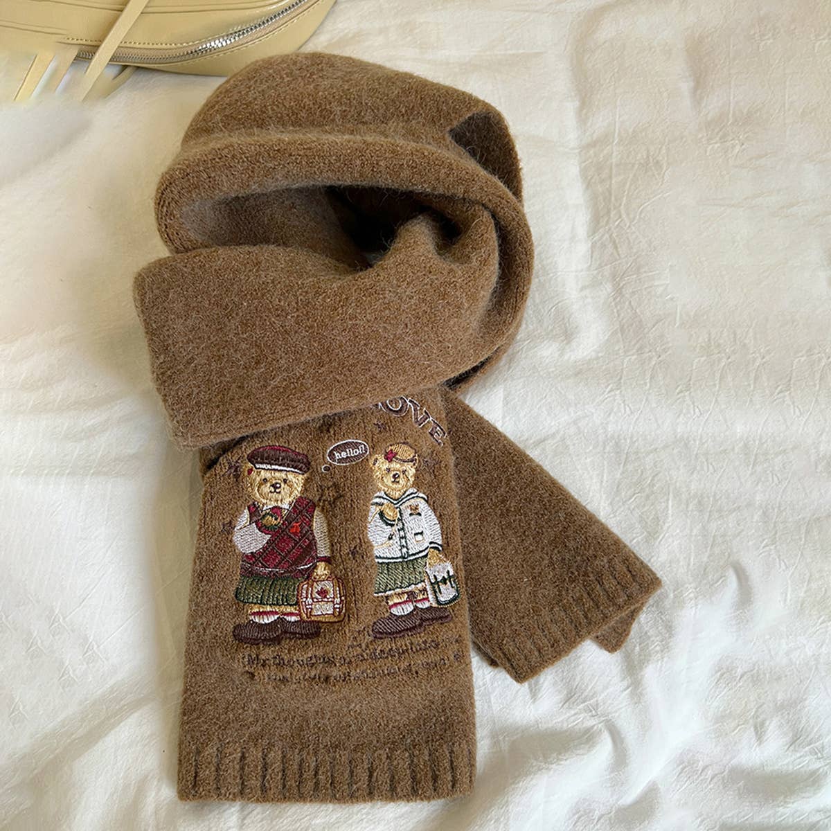 Bear embroidered knitted scarf for warmth and cozy_CWASC1497