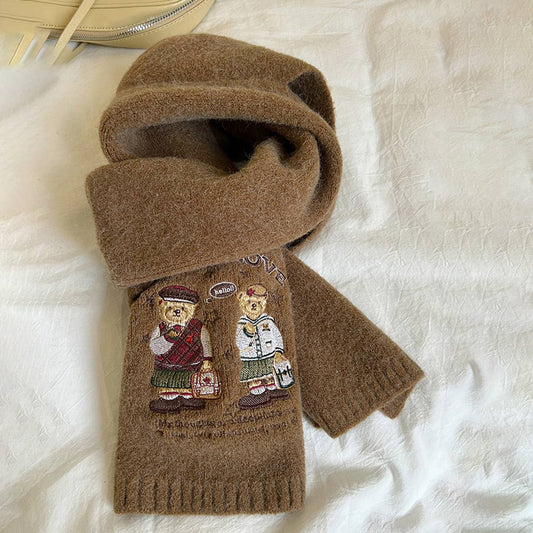 Bear embroidered knitted scarf for warmth and cozy_CWASC1497