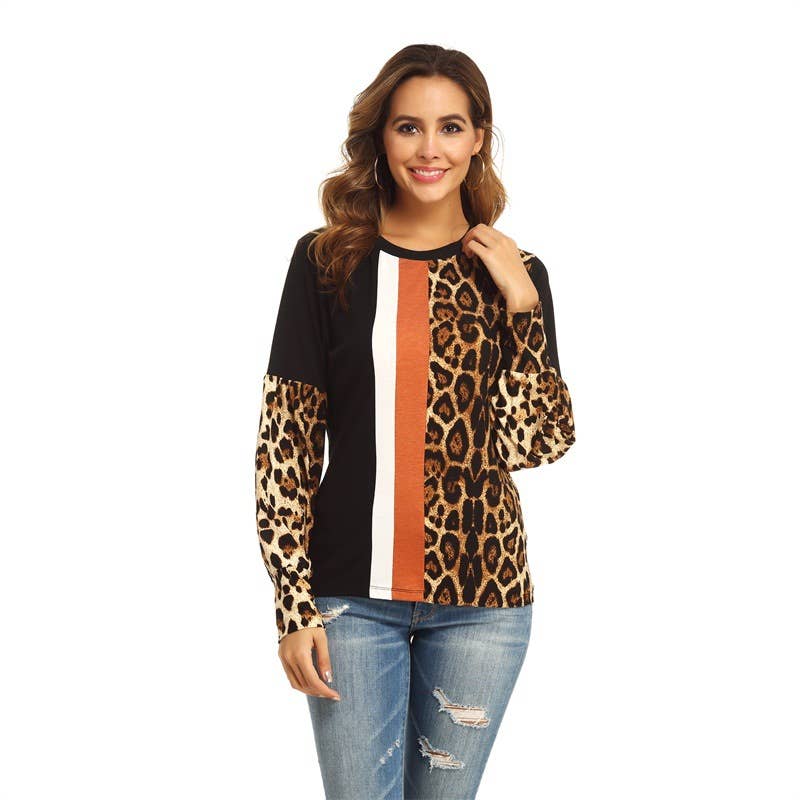LEOPARD PRINT COLOR PATCHWORK ROUND NECK TOP