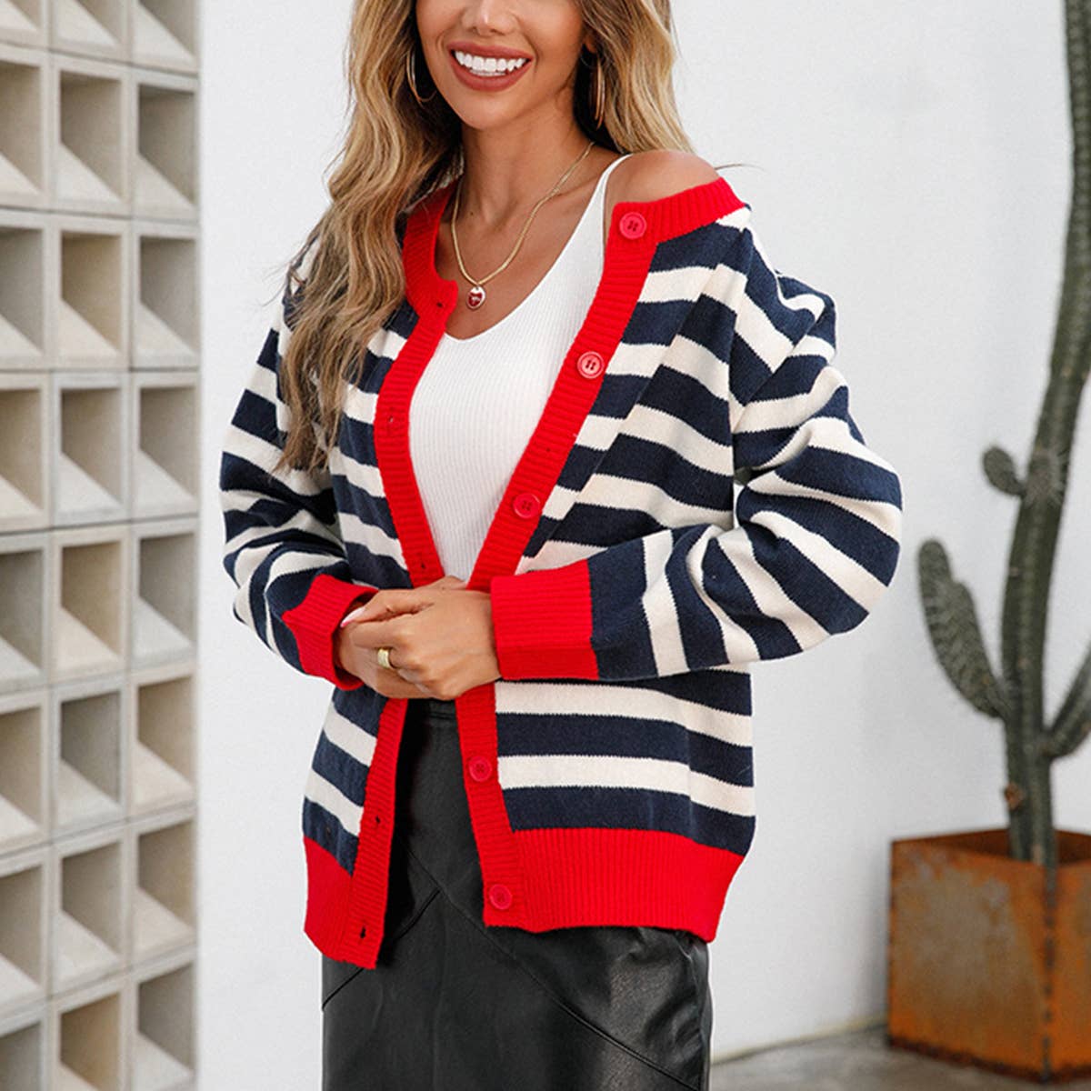 STRIPED CARDIGAN BUTTON KNIT SWEATER