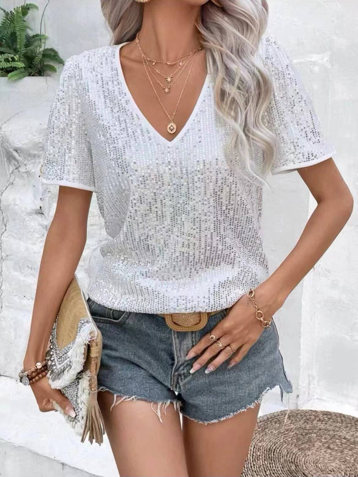 V-neck solid sequined short-sleeved blouse