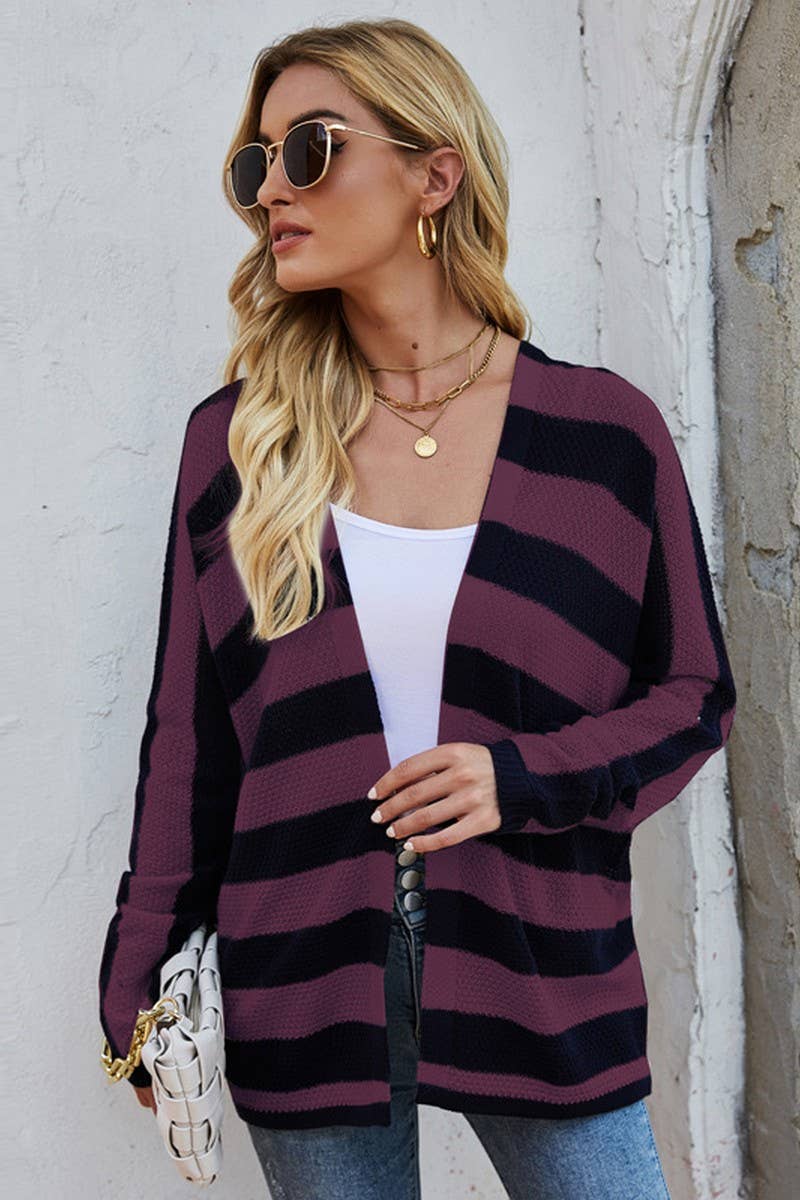 CWOCAL0778_BATWING SLEEVE LOOSE STRIPED KNIT CARDIGAN