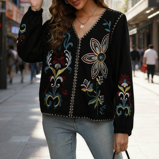 Ethnic-style embroidered V-neck zipper cardigan