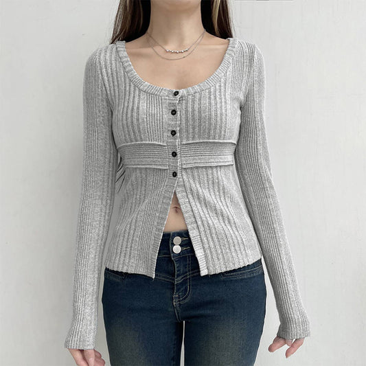 SOLID COLOR BASIC KNIT BUTTON SLIT SLIM T-SHIRT