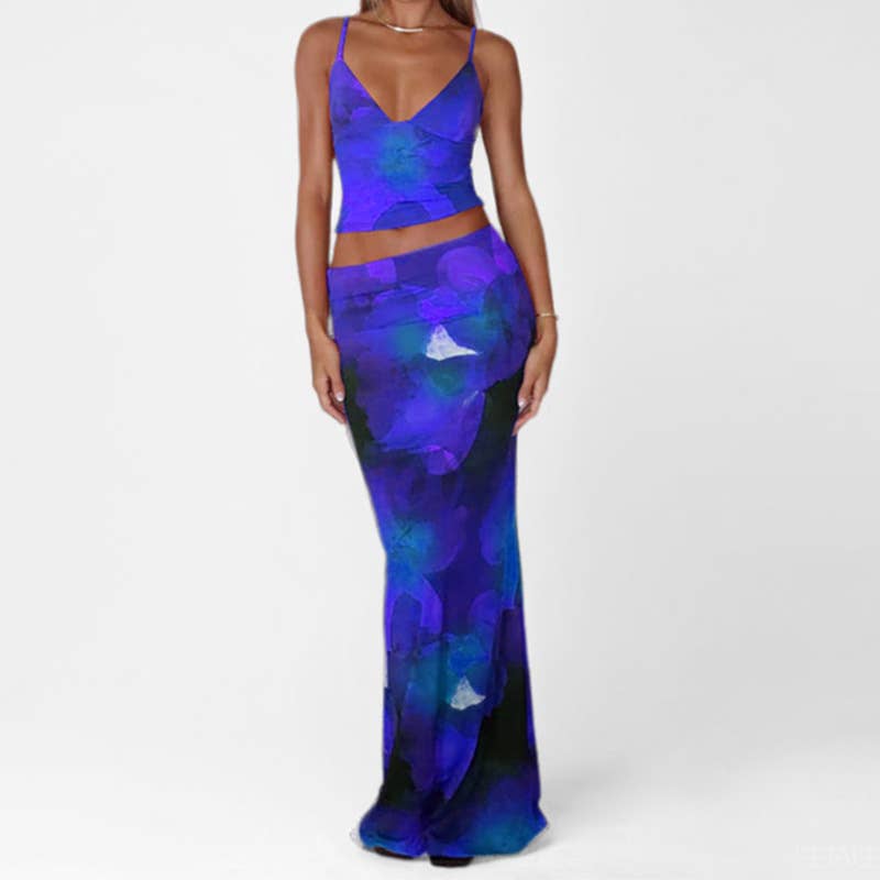 Fashion printed vest slim-fit long skirt suit