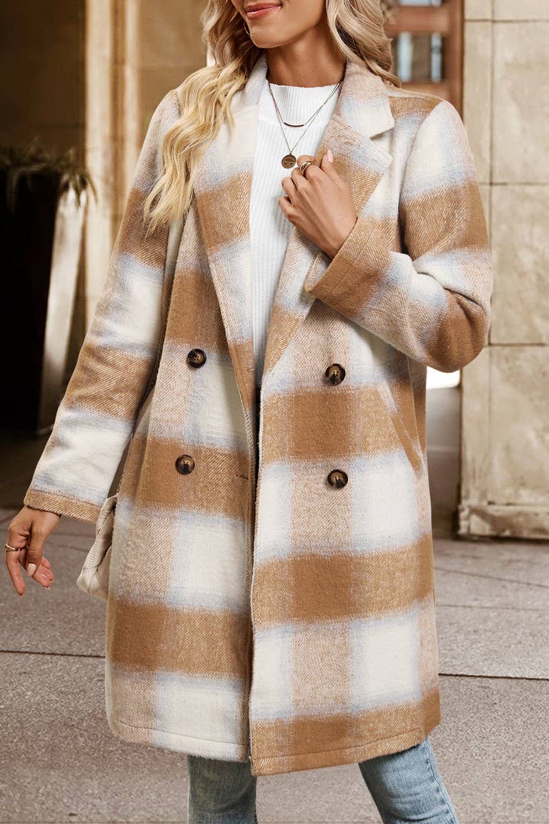 CWOCO00165_CASUAL VINTAGE DOUBLE-BREASTED PLAID BLAZER COAT