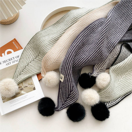 CWASC2387_WOMEN'S WINTER HAIRBALL STRIPED LONG SCARF