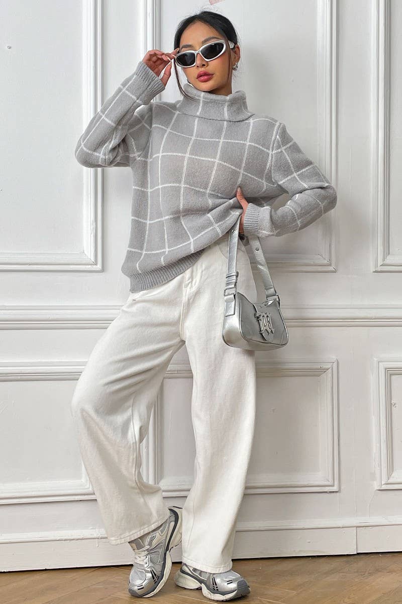 WOMEN PLAID PATTERN HIGH TURTLE NECK FW SWEATER_CWOSWL1439