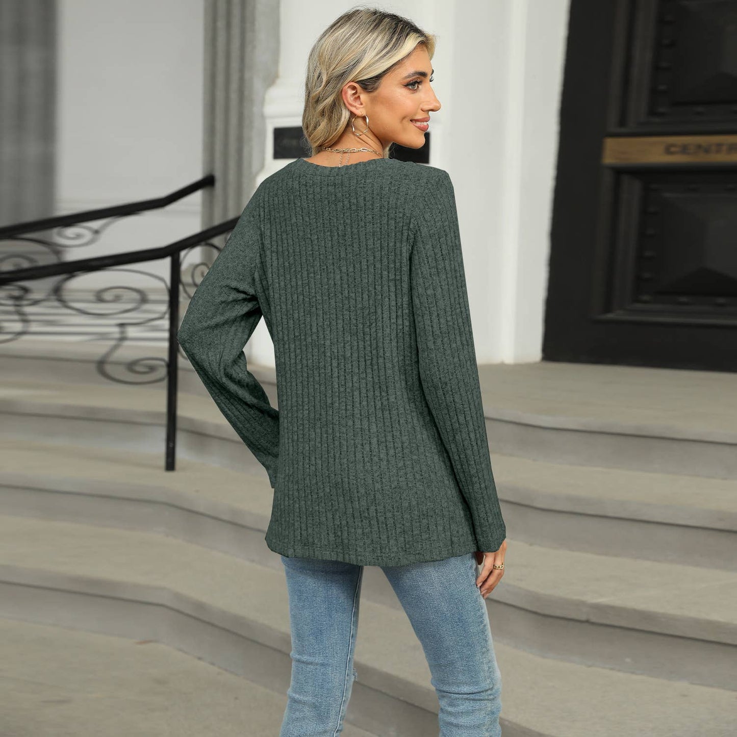 SINGLE-BREASTED CREW NECK LONG SLEEVE T-SHIRT