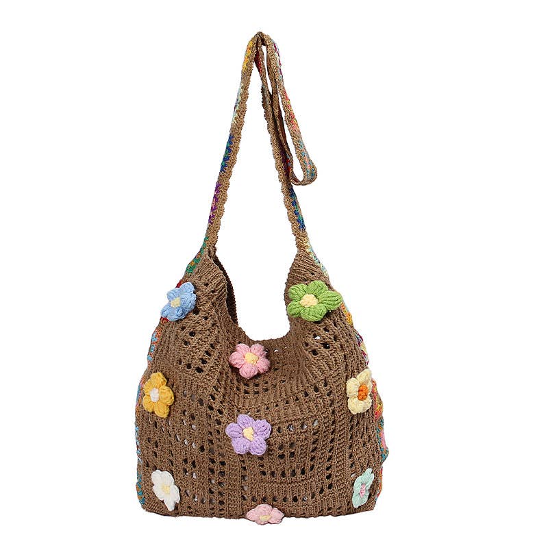 Ethnic-style artistic flower patchwork knit bag