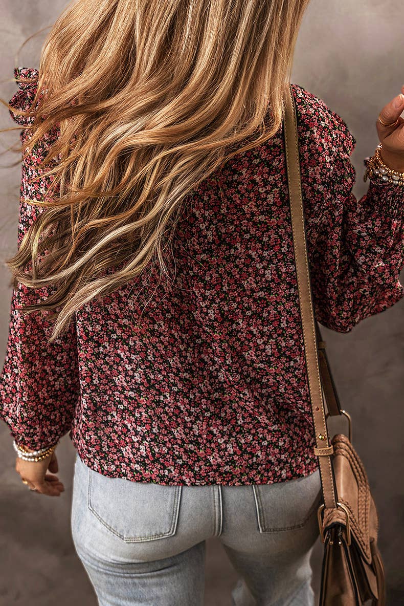 RUFFLED CREW-NECK FLORAL PRINT CHIFFON SHIRT