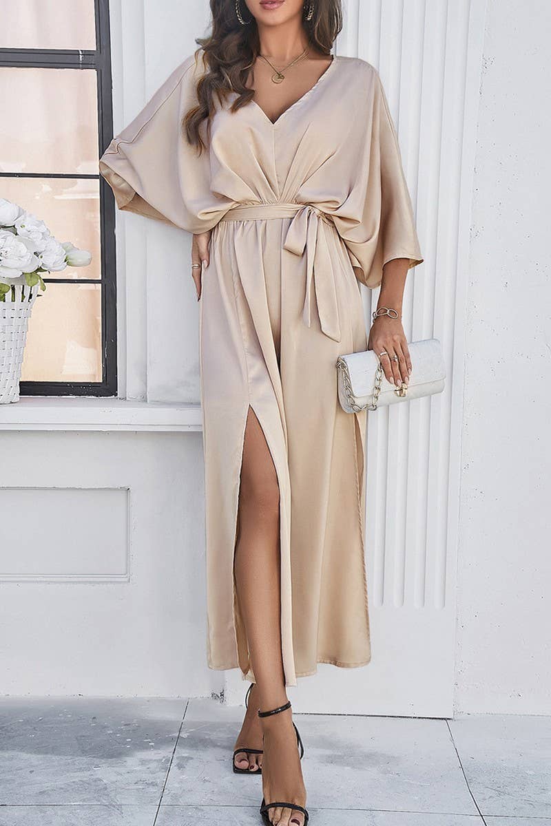 CWDMD1334_V-Neck 3/4 Sleeve With Belt Maxi Dresses