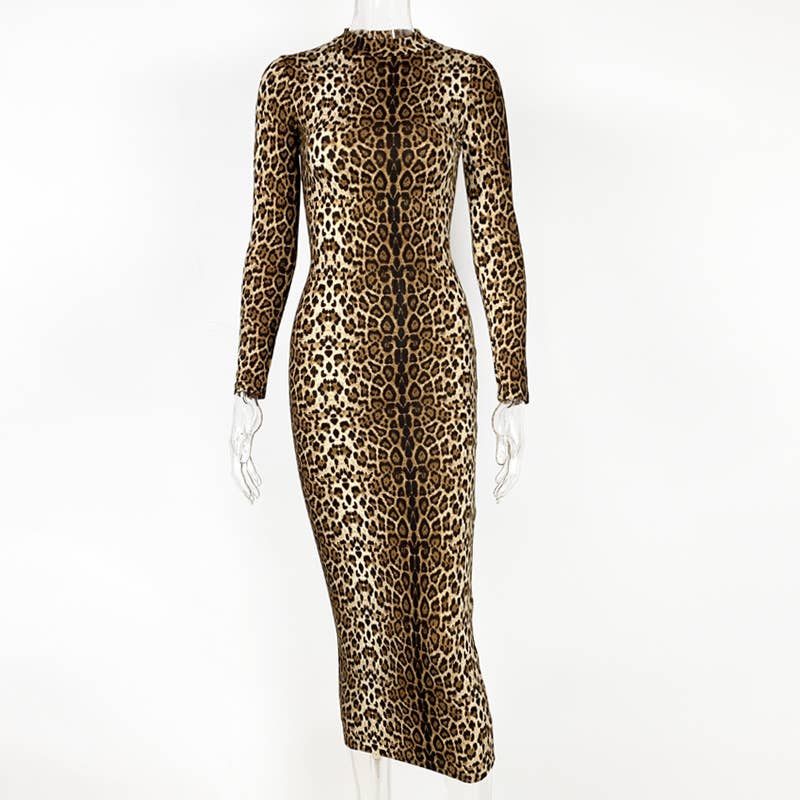 FASHION LEOPARD PRINT LONG SLEEVE SLIM-FIT DRESS