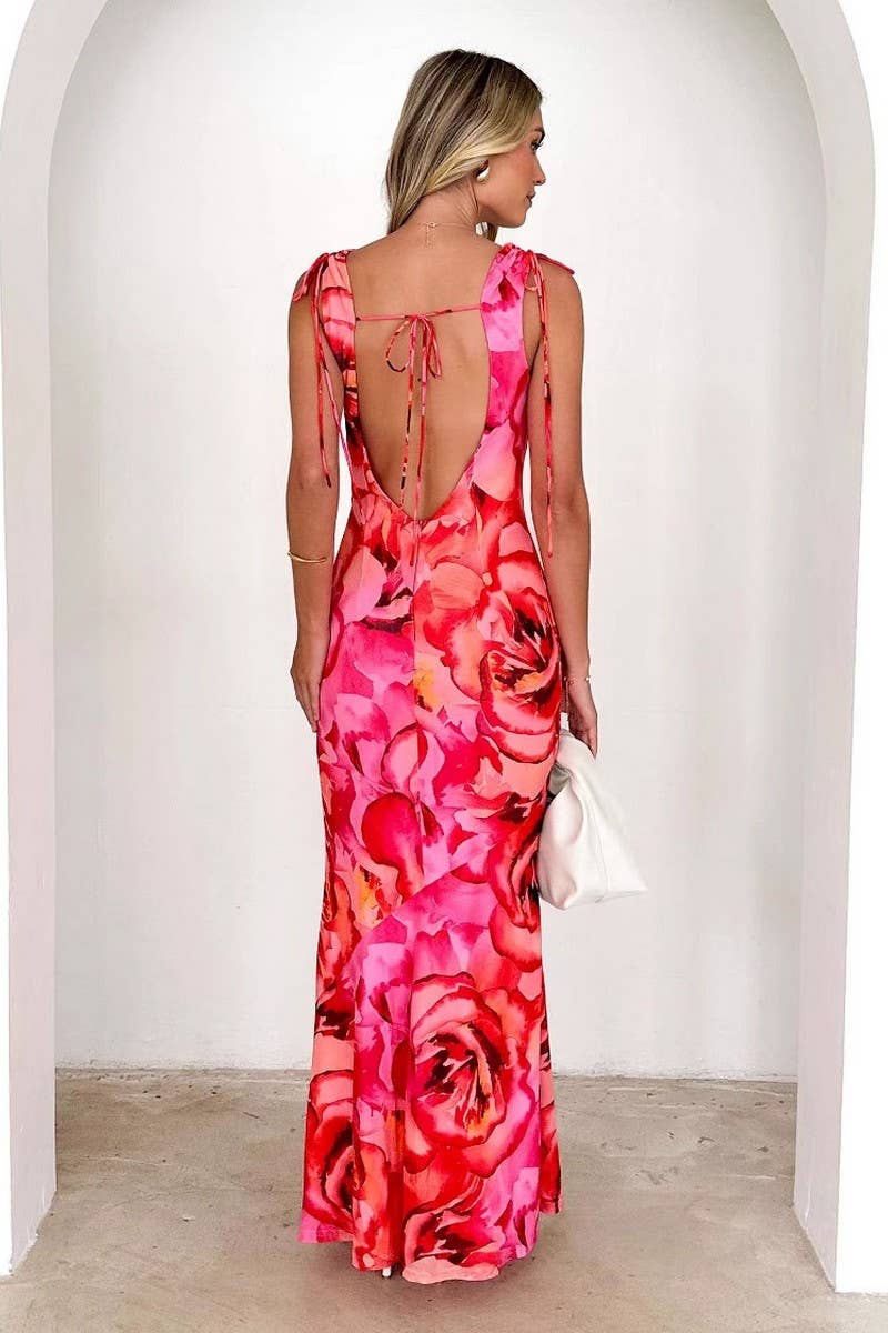 CWDMD5576_SEXY V NECK PRINT TIE STRAP BODYCON DRESS