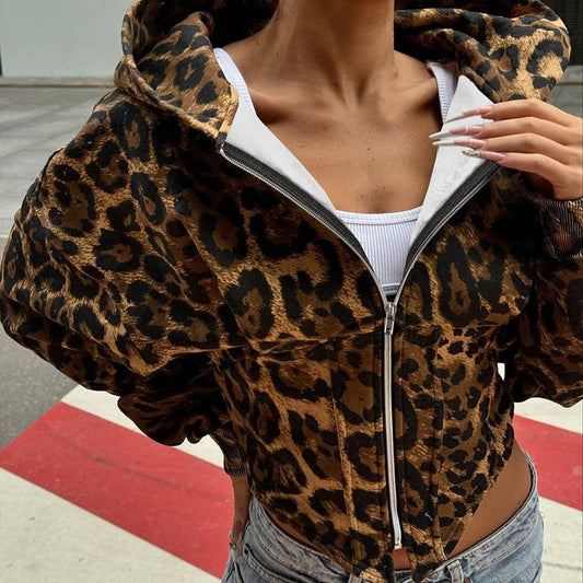 LEOPARD PRINT ZIPPER HOODIE PATCHWORK CARDIGAN