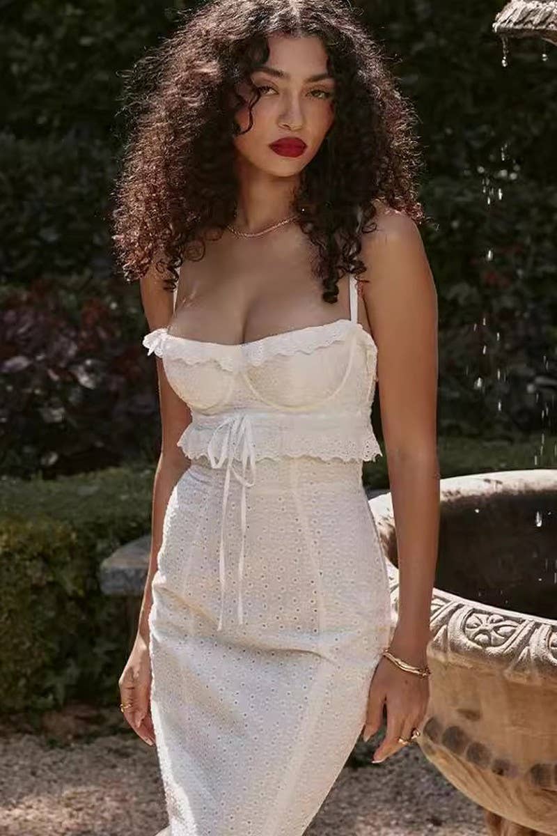 CWDMD3014_WHITE CROCHET SLIM SUSPENDER LONG DRESS