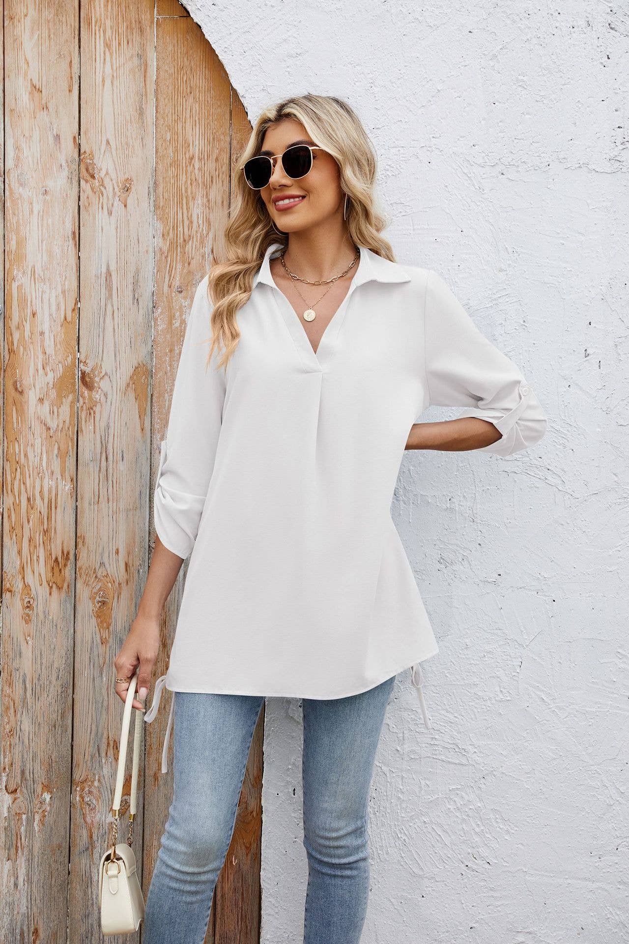 Solid-color loose mid-sleeved chiffon shirt