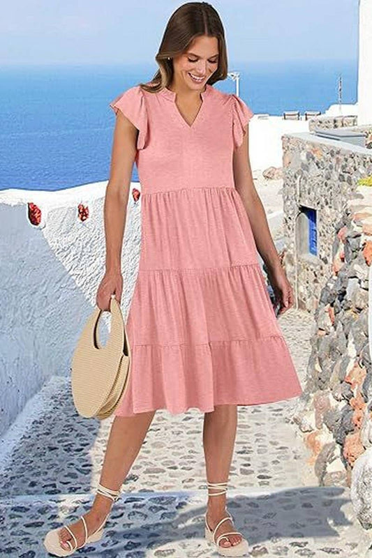 CWDMD6340_V-NECK RUFFLE SLEEVES WIDE POCKET DRESS