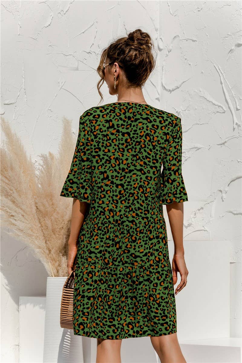 V NECK FLARED SLEEVE PATCHWORK DRESS_CWDSD2463