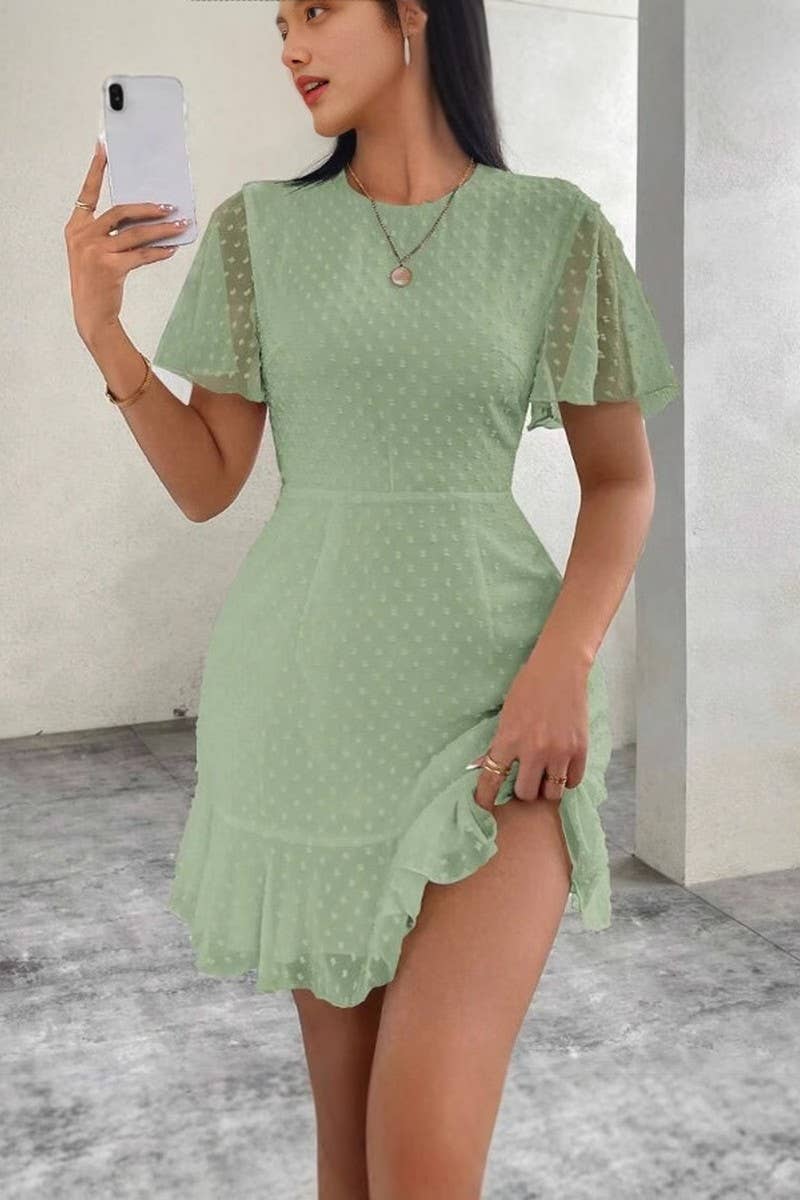 CWDSD8788_SUMMER V-NECK POLKA DOT LACE-UP DRESS