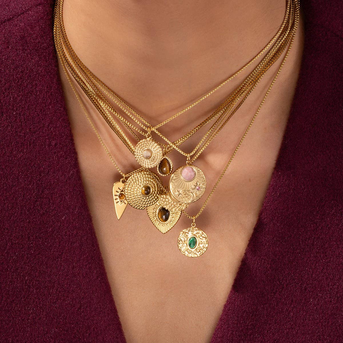 Vintage Stone Pendant Necklace Stainless Steel