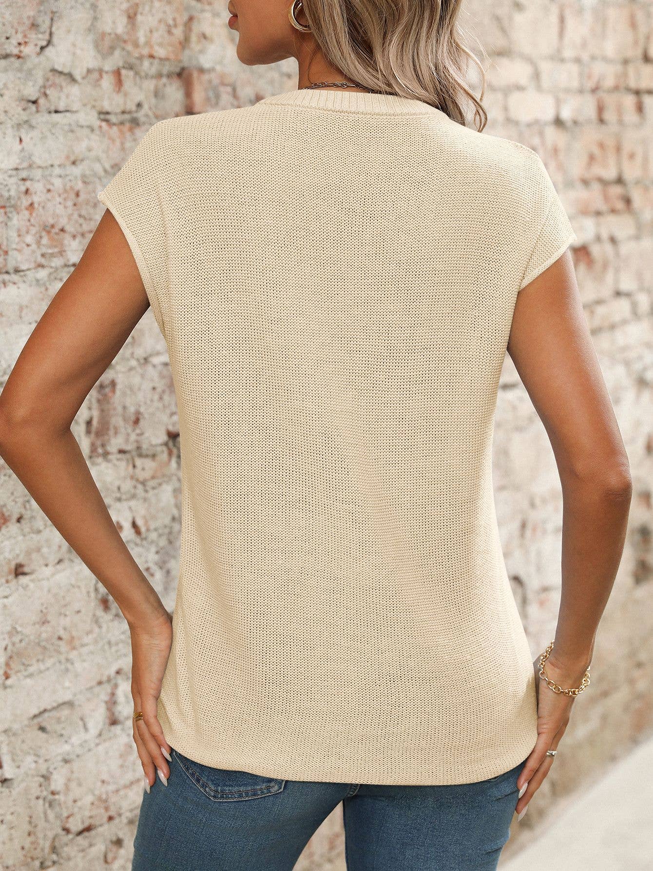 V-neck solid color knitted translucent sweater