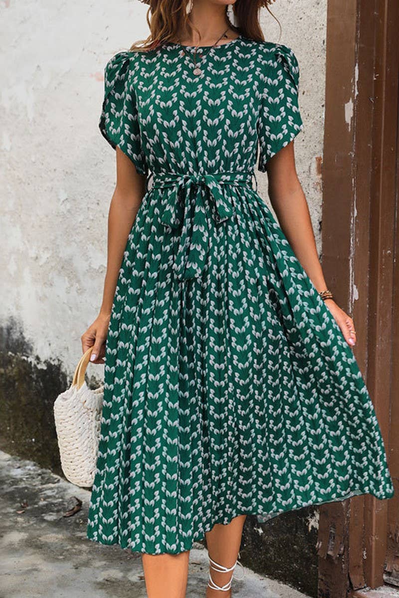 CWDSD2769_Round Neck Short Sleeve with Tie Dress