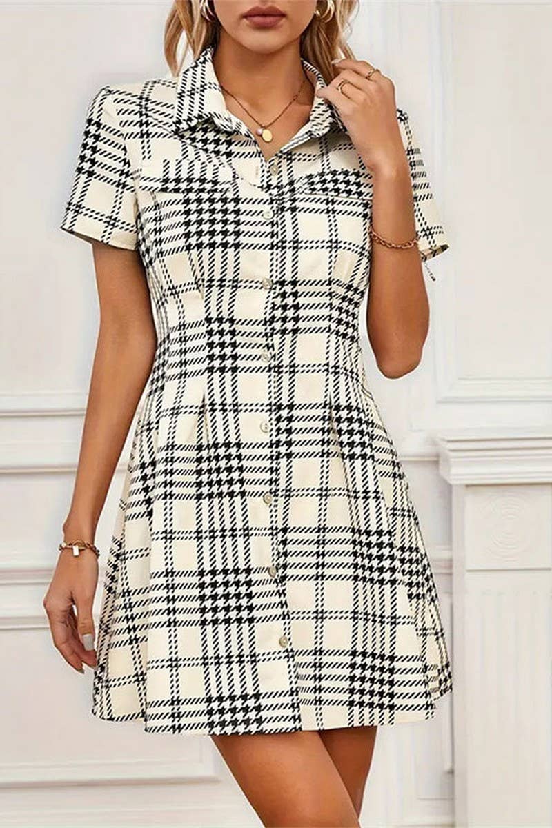 CWDSD7655_SPRING AND SUMMER HOUNDSTOOTH SHORT SHIRT DRESS