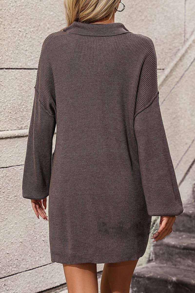 CWDSD6487_LAPEL BUTTON-DOWN LONG-SLEEVED SWEATER DRESS