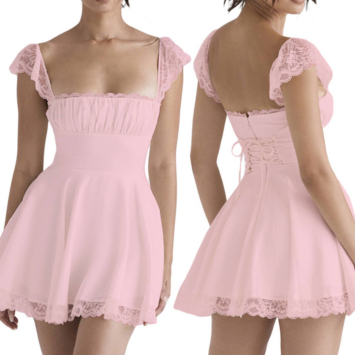 Lace-trimmed square-neck fitted halter dress