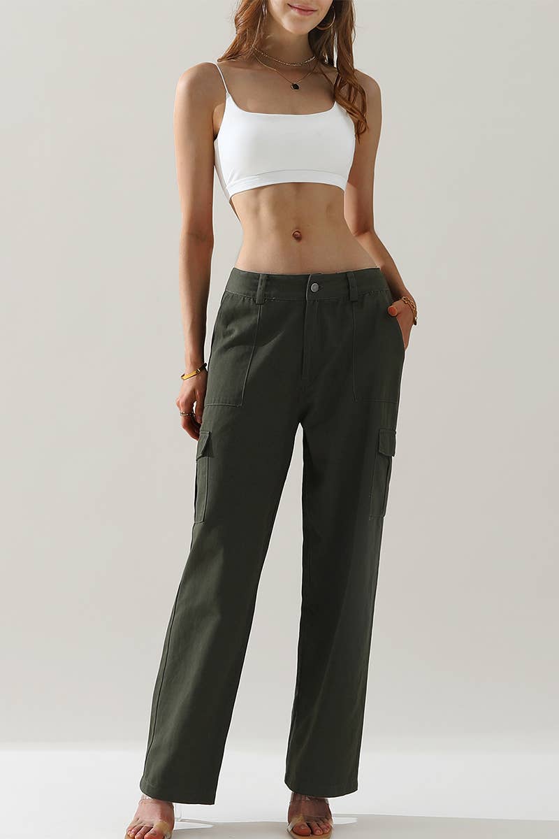 CWBLP421_Cargo Cotton Pants Wide Leg Casual Pants 4 Pockets