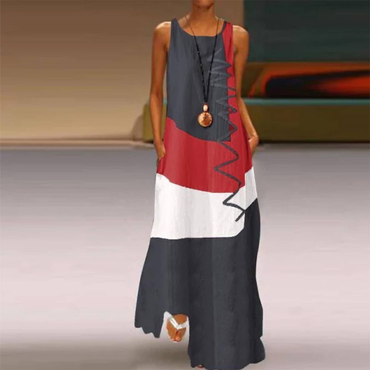 PRINTED SLEEVELESS U-NECK COLOR MATCHING DRESS