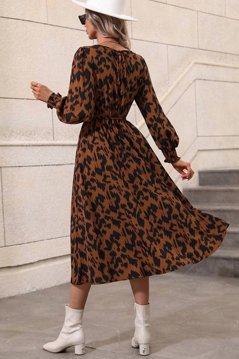 CWDSD6570_LEOPARD PRINT TIE LONG SLEEVE SWING DRESS