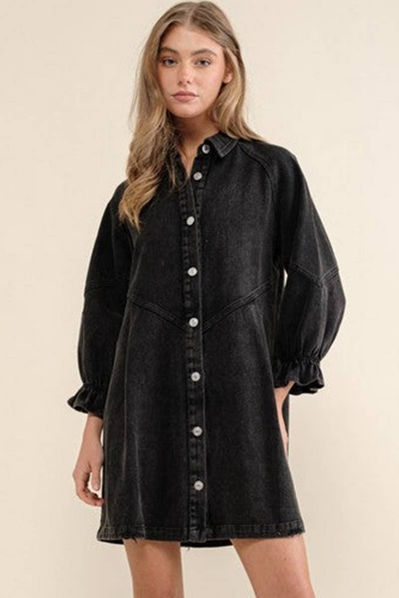 CWJT0026_CASUAL 3/4 SLEEVE BUTTON DOWN DENIM T-SHIRT DRESS