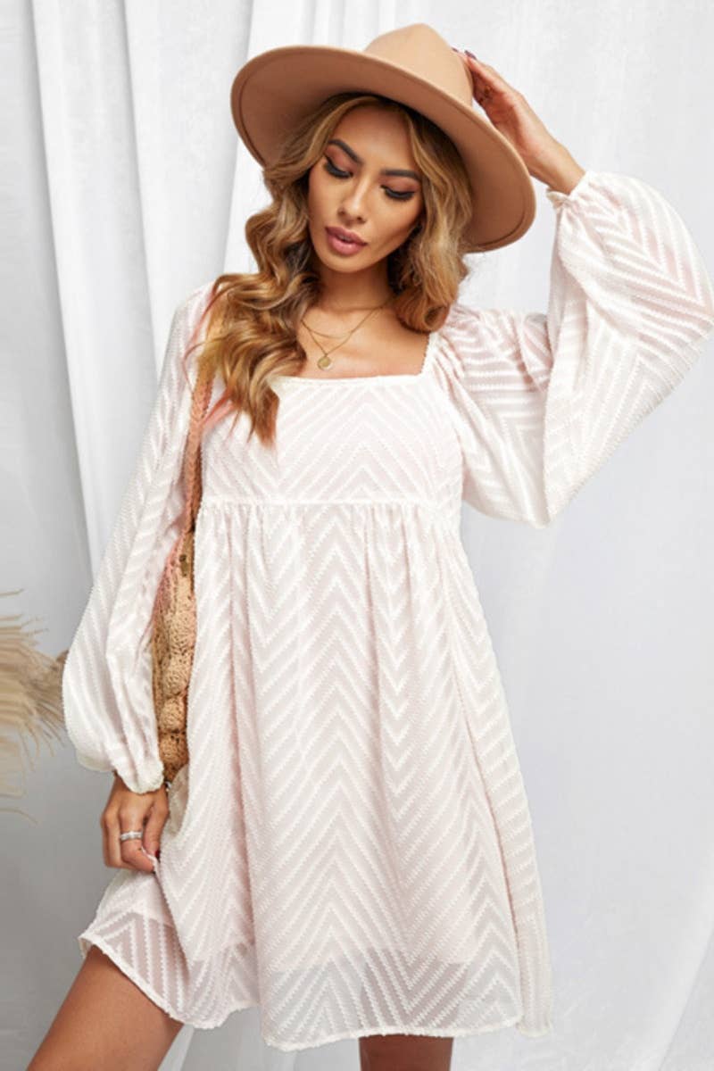 CWDSD6596_JACQUARD SQUARE COLLAR LANTERN SLEEVE DRESS SHORT