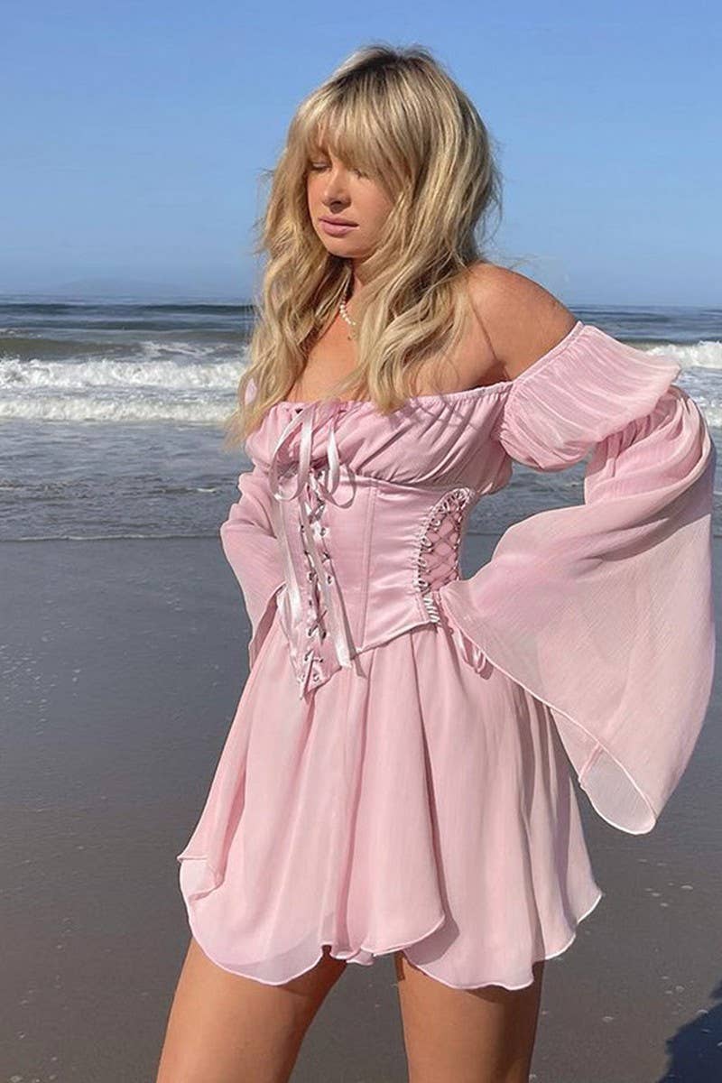 CWDSD6716_OFF-THE-SHOULDER TIE WAIST FLARED SLEEVE DRESS