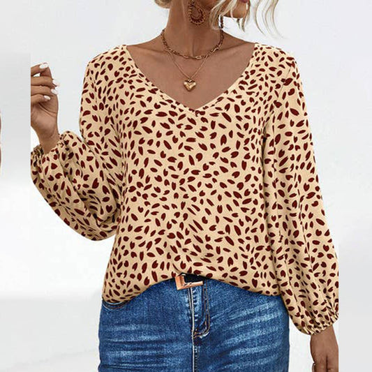 V-NECK LANTERN SLEEVE HEART PRINT CASUAL TOP