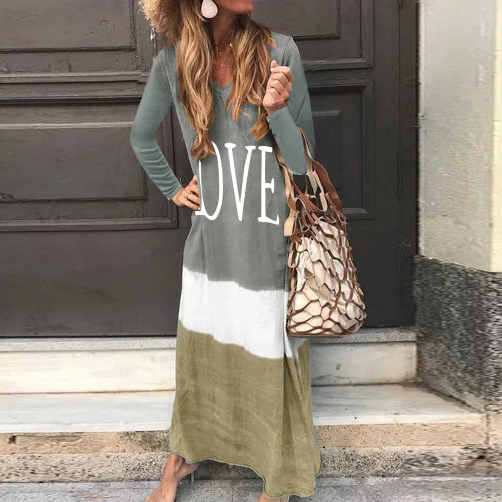 Fashion color-blocking printe long-sleeved dress