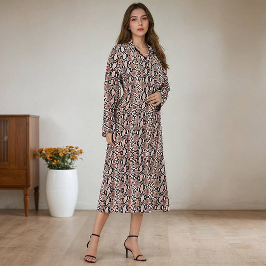 Long lapel snake print slit dress