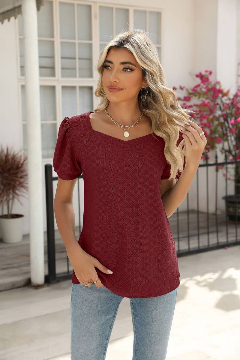 SQUARE COLLAR SPLICING SHORT SLEEVED TOP_CWTSTS0285