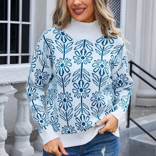 TURTLENECK FLOWER PULLOVER SWEATER KNITTED LOOSE