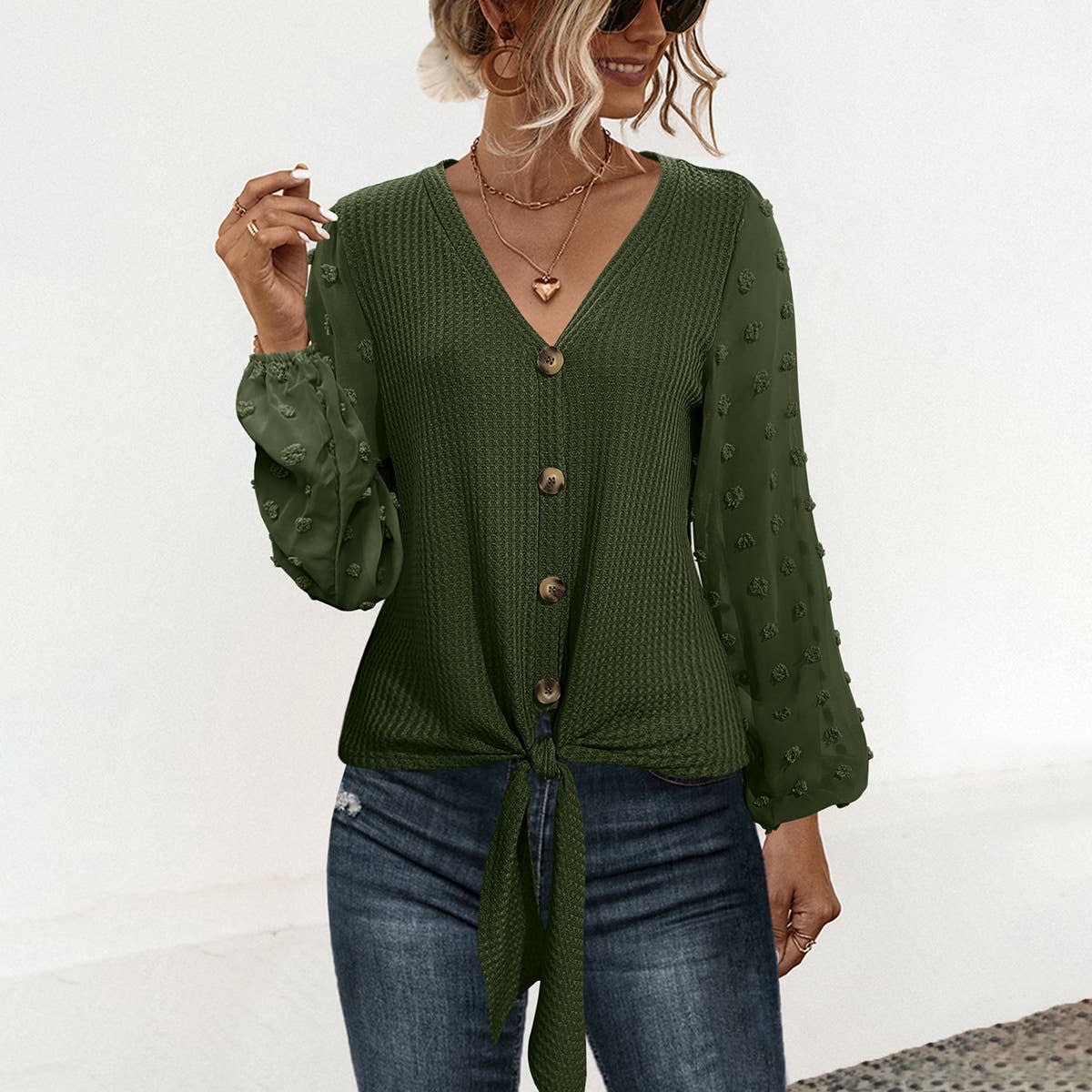 V-NECK KNOTTED JACQUARD PATCHWORK SLEEVE SWEATER