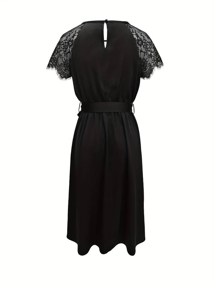 Patchwork see-through cuff cuff lace-A-line dress