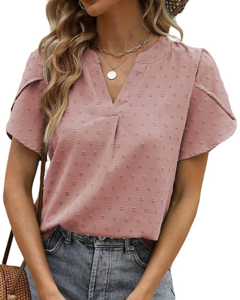 V-NECK JACQUARD SHORT SLEEVE SHIRT BLOUSE